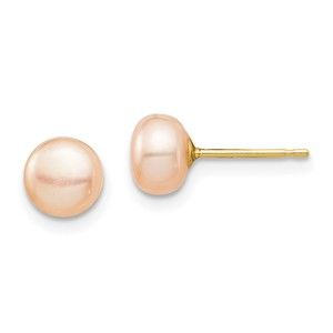 14k Yellow Gold Childrens 6-7mm Pink Button FWC Pearl Stud Post Earrings